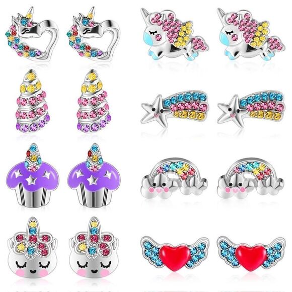 8 Pairs Cute Unicorn Earrings For Girls Ladies - Picture 1 of 8